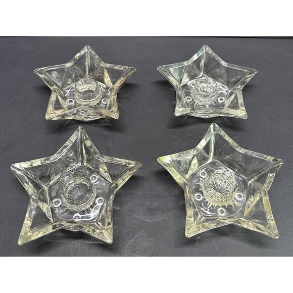 Vintage Hazel Atlas Clear Glass Five Point Star Taper Candle Holders - Set of 4 - Picture 1 of 9